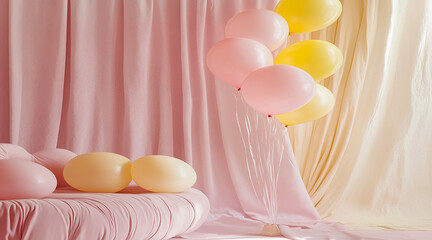 Pastel Pink and Blue Balloons Framing a Blank Square on a Colorful Background Perfect for Party Themes.