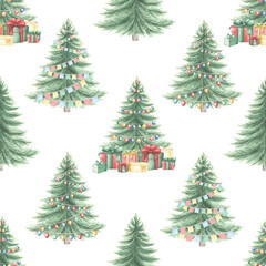 Christmas tree with lights garlands and colorful gift boxes. Seamless pattern. Hand drawn watercolor illustration. Festive endless ornament. Winter holiday template for wallpaper, wrapping, fabric.