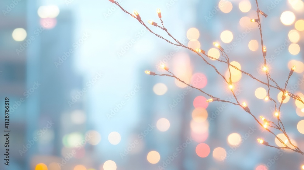 Poster serene urban winter evening with illuminated branches and festive bokeh lights