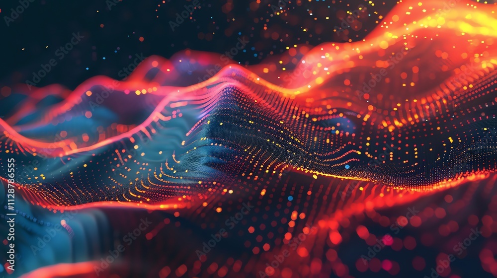 Wall mural abstract red and blue glowing particles in a wave pattern.