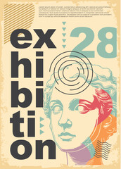 Vintage poster design for artistic exhibition. Retro pamphlet with antique statue. Art and history vector illustration.