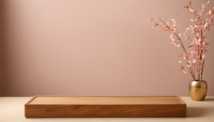 Wooden Platform with Pink Background and Flowers for Product Photography