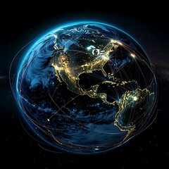 Planet Earth at night seen from space showing North America, South America, Europe, Africa, Asia and the Middle East connected in a global network, technology and global community concept.