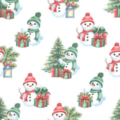 Snowmen with christmas tree, gift boxes and lantern. Winter seamless pattern for holiday design. Hand drawn watercolor illustration. Template for Christmas and New Year print, paper, wrapping, fabric.
