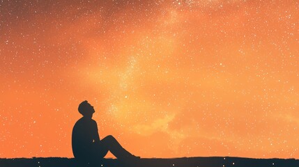 A man sitting on the ground with his back to us, looking up at a starry night sky