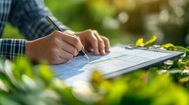Hands are writing on a clipboard while surrounded by lush greenery, indicating a focus on sustainable finance initiatives. This setting promotes environmental awareness and financial responsibility.
