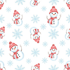Snowman in red hat with scarf and snowflakes. Winter seamless pattern for holiday design. Hand drawn watercolor illustration. Template for Christmas and New Year print, wallpaper, wrapping, fabric.