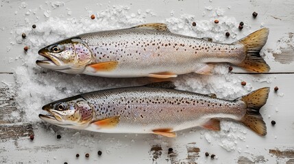Obraz premium Fresh trout on ice with peppercorns, ready for cooking.