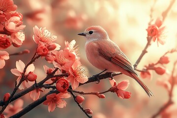 A small pink bird perched on a branch of pink flowers