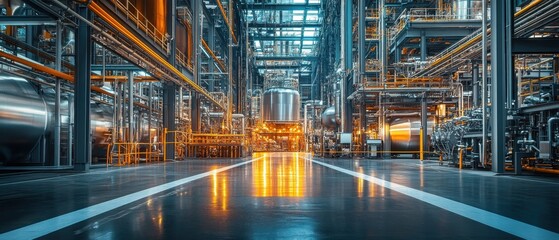 Fototapeta premium Industrial facility with advanced machinery and illuminated pathways showcasing modern engineering and production processes