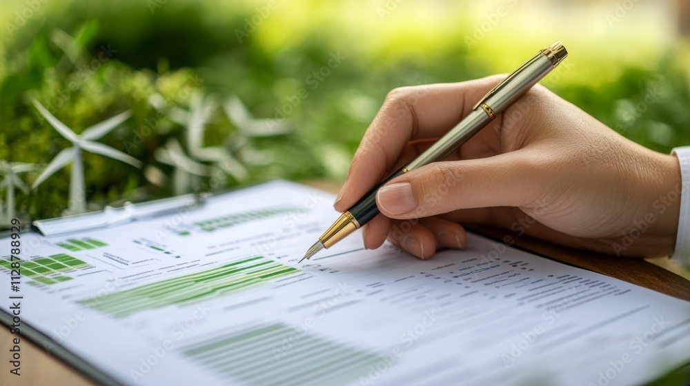 Poster a hand holds a pen, actively reviewing a document filled with charts and data related to sustainable