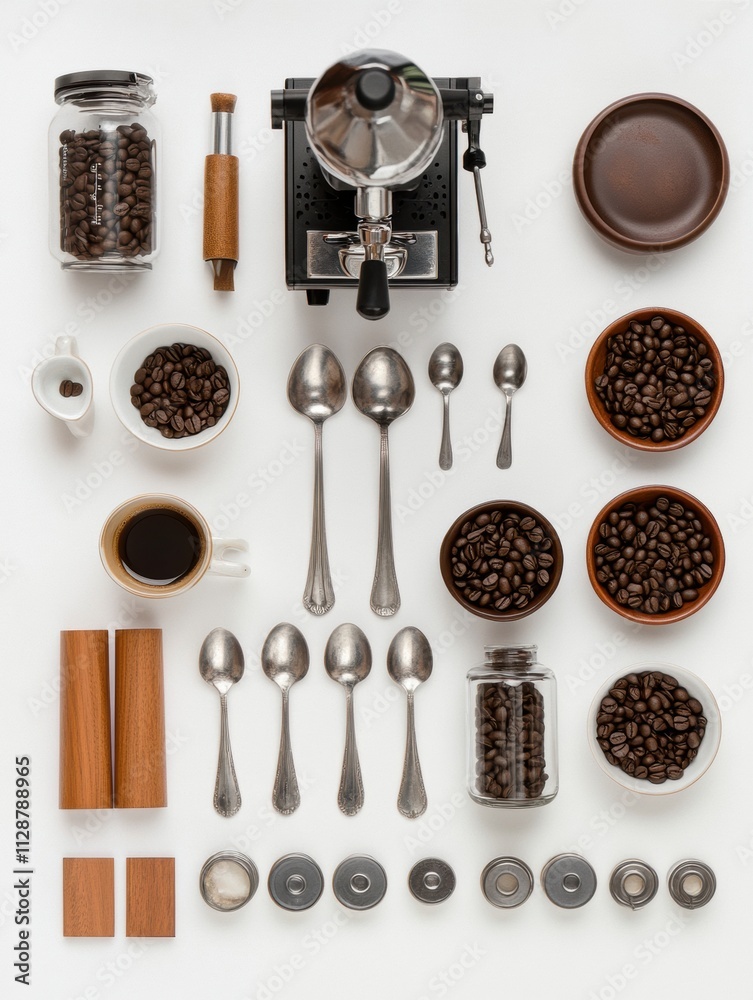 Poster arranged neatly are coffee beans, cups, spoons, and a coffee maker, creating a perfect flat lay for 