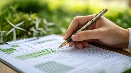 A hand holds a pen, actively reviewing a document filled with charts and data related to sustainable finance.