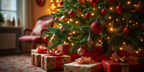 Close-up view of red Christmas presents with ribbons placed under a decorated holiday tree