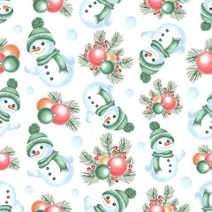 Snowmen with Christmas tree balls and pine twigs. Wintertime seamless pattern for holiday design. Hand drawn watercolor illustration. Template background for print, paper, wrapping, fabric, textile.
