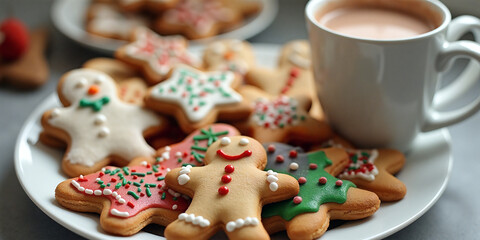 Festive Christmas cookies shaped like gingerbread men and stars on a plate, paired with a mug of hot chocolate in a cozy holiday setting..
