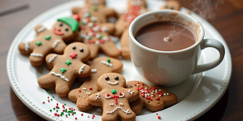 Festive Christmas cookies shaped like gingerbread men and stars on a plate, paired with a mug of hot chocolate in a cozy holiday setting..