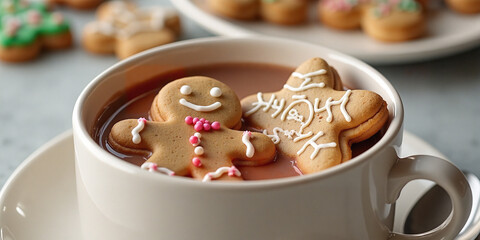 Festive Christmas cookies shaped like gingerbread men and stars on a plate, paired with a mug of hot chocolate in a cozy holiday setting..