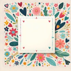 Card with flowers and hearts. Frame for invitation or congratulations.
