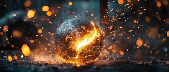 Fiery glowing orb surrounded by sparks in a dark industrial workshop at night