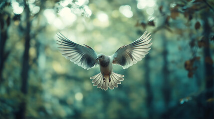 Obraz premium A majestic bird captured mid-flight with soft sunlight filtering through dense green foliage in a tranquil forest setting.