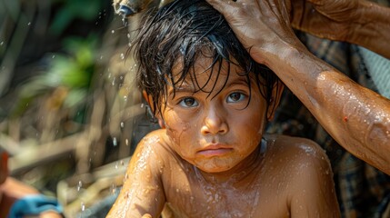 A child suffering from heatstroke, sitting in the shade with a flushed face, while a parent gives them water and a cold compress