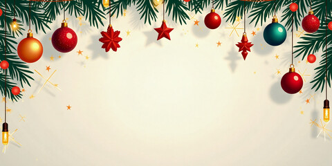 Festive Christmas frame illustration made of fir branches and holiday decorations, featuring empty space in the center on a neutral background..