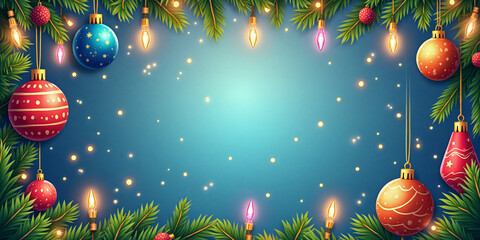 Festive Christmas frame illustration made of fir branches and holiday decorations, featuring empty space in the center on a neutral background..