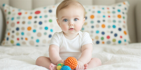 Adorable baby sitting on a bed surrounded by colorful pillows, holding a bright toy and smiling warmly. Perfect representation of happy childhood and care.
