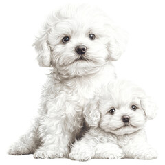 Obraz premium BIchon Frise white puppy, fluffy coat, friendly interaction, white background