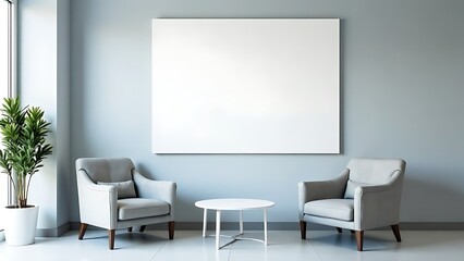 A mockup of an empty white poster on the wall in modern hospital waiting room with comfortable chairs and medical equipment