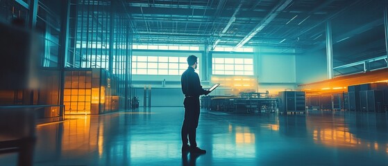 Man works on laptop in large industrial space during bright evening hours with warm lighting