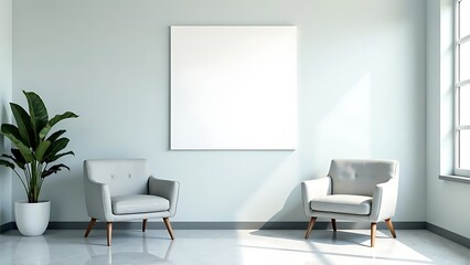 A mockup of an empty white poster on the wall in modern hospital waiting room with comfortable chairs and medical equipment