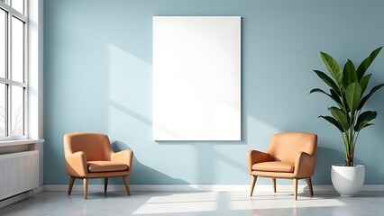 A mockup of an empty white poster on the wall in modern hospital waiting room with comfortable chairs and medical equipment