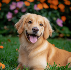 Obraz premium Golden retriever puppy is sitting on the grass