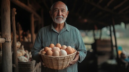 Elderly Farmer Holding a Basket of Fresh Eggs