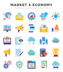 Vector icons set of Market & Economy. Flat style Icons.