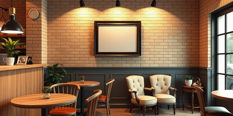 A mockup showcasing a piece of artwork hanging on a brick wall in a cozy cafe setting