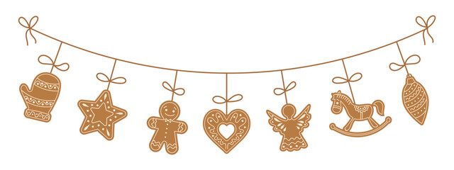 Christmas garland with gingerbread cookies in the form of different characters and holiday items. Festive illustration. © Tatiana