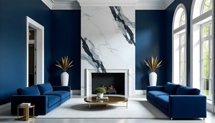 A modern and luxurious living room with a large marble wall feature, navy blue velvet sofas, and gold accents. The room has a sophisticated and elegant atmosphere
