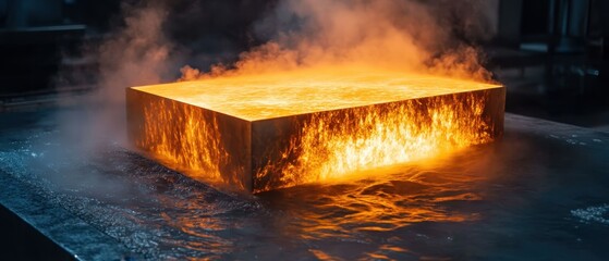 Molten metal pouring process in industrial setting with steam rising and glowing surfaces