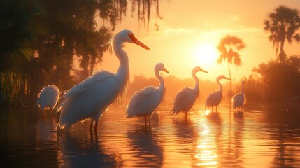 Obraz premium Serene Sunset Scene with Elegant White Egrets Standing Gracefully in Still Water Surrounded by Lush Greenery and Soft Golden Light