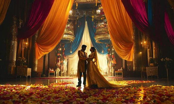 Wide shot of Indian couple dancing