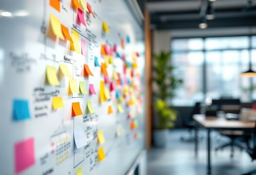 A white board with colorful sticky notes on it