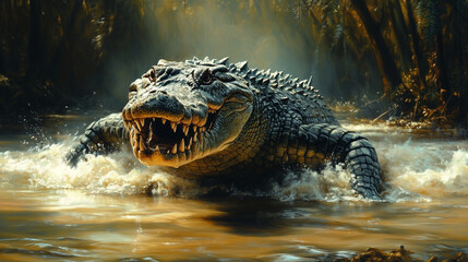 Obraz premium A large alligator is in a murky river its mouth open