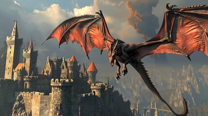 Fototapeta premium A red dragon flies over a medieval castle in a fantasy landscape.