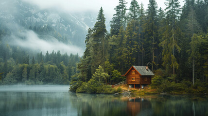 Fototapeta premium Nestled at the edge of a mist-covered lake, a secluded log cabin is enveloped by the lush embrace of the forest.