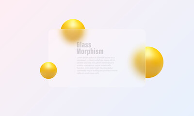 Landing page template in glass morphism style. Transparent partition with yellow spheres.