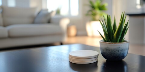 Minimalist coasters and plant on coffee table in living room, banner with copy space