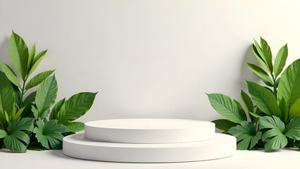 a white podium with a green plant in the corner